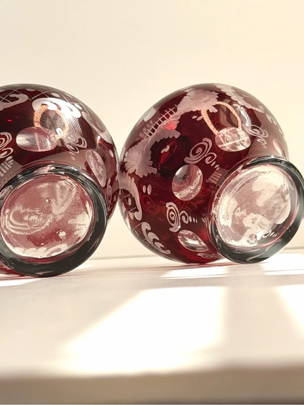 Egermann Ruby Cut To Clear Bohemian CZECH ART GLASS Bottles w/ Stoppers Set of 2
